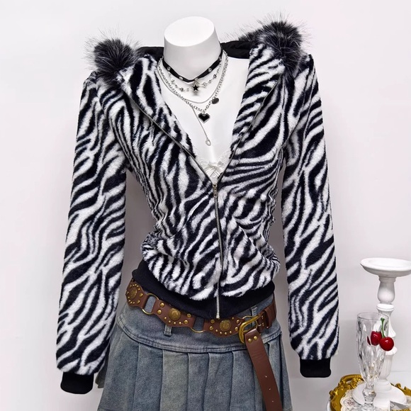 Zebra Print Faux Fur Hooded Jacket - Picture 2 of 8